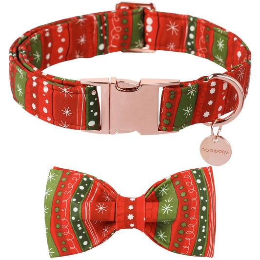 DOGWONG Christmas Dog Collar Bow Adjustable Girl Boy Red Strip Dog Collar Bow Tie Cute Christmas Red Dog Collar for Small Medium Large Dogs