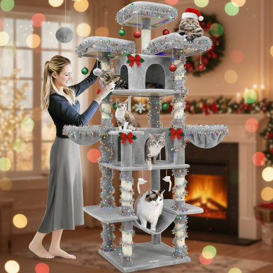 Globlazer F80 Big Cat Tower for Indoor Cats 80inch Cat Tower for Multiple Adult Cats XXL Cat Tree with Scratching Post Hammock 3 Perches 2 Condos 2 Hanging Basket Light Grey